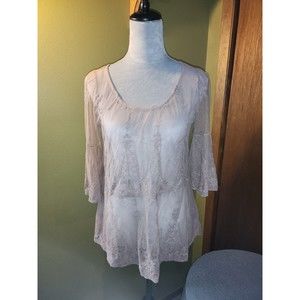 Gimmicks BKE Top: Medium Brown Sheer Mesh Floral Embroidery Bell Sleeve